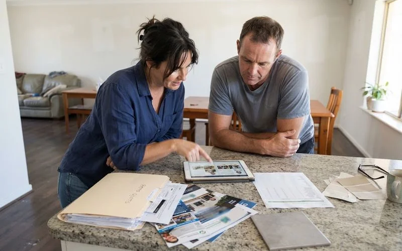 A person comparing renovation contractor listings side by side on a laptop at a kitchen table in a Perth home